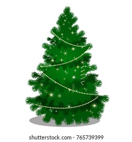Green Christmas tree with beads and sparkling flecks isolated on white background. Sketch of Christmas festive poster, party invitation, other holiday card. Vector cartoon close-up illustration.