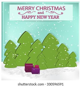 Green Christmas tree and boxes with gifts. Vector illustration.