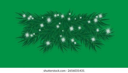  Green Christmas tree branches with white balls, golden lights and stars highlighted on green background. Pine tree, Christmas evergreen plants.Vector decoration Christmas tree garland.
