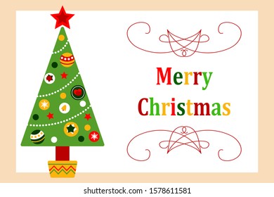 Green Christmas tree, bright colored balls, tinsel and stars isolated on a light background. Preparation of a greeting card or invitation