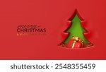 Green Christmas tree cutout with red paper background with realistic 3d red gift box and gold bow. Festive and Happy New Year minimalist design. vector illustration