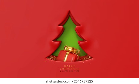 Green Christmas tree cutout with red paper background with realistic 3d red gift box and gold bow. Festive and Happy New Year minimalist design. vector illustration