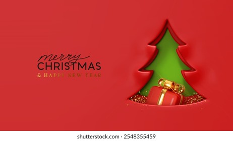 Green Christmas tree cutout with red paper background with realistic 3d red gift box and gold bow. Festive and Happy New Year minimalist design. vector illustration