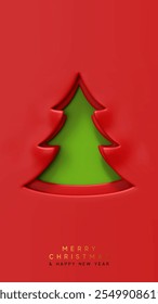 Green Christmas tree cutout with a red paper background and minimalist design. Merry Christmas and Happy New Year festive banner and poster. Xmas greeting card. vector illustration