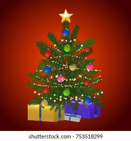 Green Christmas Tree Decorated with Baubles Stars and Gift Boxes Over Festive Red Background