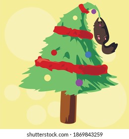 Green Christmas tree. Decorated Christmas tree with a cat that hangs on the tree. Christmas tree on a yellow background.