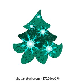 The green Christmas tree is decorated with large blue snowflakes. Decoration element for postcards, posters, print on fabric.Vector illustration,isolated on a white background. 