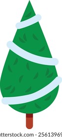 Green Christmas tree decorated with light blue ribbons celebrating Christmas time, simple vector illustration isolated on a white background