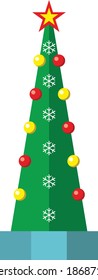 Green Christmas tree, decorated with New Year's toys, balls, snowflakes, isolated on a white background. Christmas and New Year symbol. Flat infographics. Vector illustration