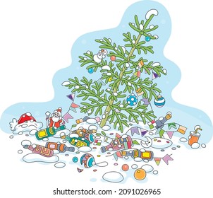Green Christmas tree decorated with toys, balls and garlands among empty wine bottles on snow after merry winter holidays, vector cartoon illustration isolated on white
