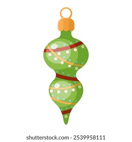 Green Christmas tree decoration in shape of icicle. Old-fashioned vintage seasonal glass toy suspended on laces for Xmas fir plant to traditional winter holidays. Cartoon vector illustration.