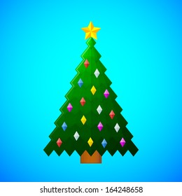 green christmas tree with decorations on blue background textured flat colors