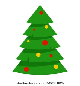 Green christmas tree with festive decorations isolated on a white background. Vector flat illustration for greeting card, poster, invitation, web banner.
