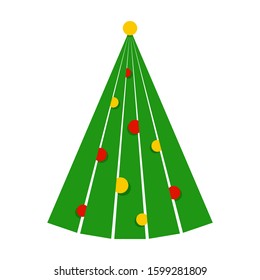 Green christmas tree with festive decorations isolated on a white background. Vector flat illustration for greeting card, poster, invitation, web banner.