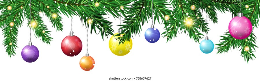 Green Christmas Tree Fir Branches Decorated With Colorful Balls Isolated On White Background Horizontal Banner Vector Illustration