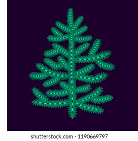 Green christmas tree in flat style isolated on trendy color 2020 dark phantom blue background . For New Year design, Christmas greeting card mockup, clip art, wrapping paper, gift package, invitation.