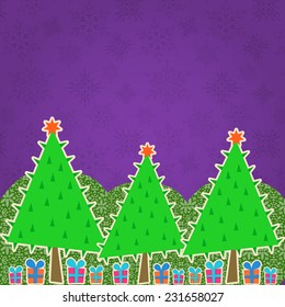 Green Christmas Tree Forest on Purple Background. Retro Greeting New Year Card