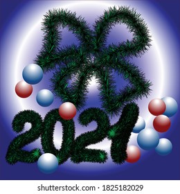 Green Christmas tree fur bow and numbers2021 colored shiny balls on a blue radial background.