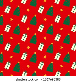 Árbol de Navidad verde, caja de regalo y pequeño patrón de estrella con fondo rojo. Patrón sin foco. Aplicable a cubiertas, tarjetas, carteles y diseños de banners. Tema de Navidad.