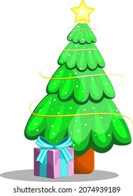 Árbol de Navidad verde con caja de regalo, diseño de dibujos animados de estilo. Navidad y Año Nuevo