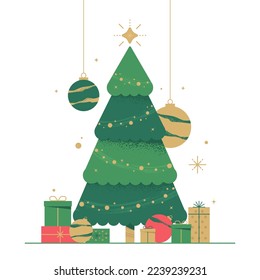 Green christmas tree with gift boxes, balls and xmas decoration. Happy new year and Merry Christmas vector illustration.