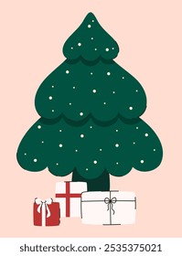 Green Christmas tree with gifts. Flat vector illustration.