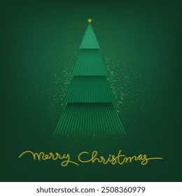 A green Christmas tree with a golden star on a dark green background. Lighter green dots around the tree suggest snow. "Merry Christmas" in gold below the tree.