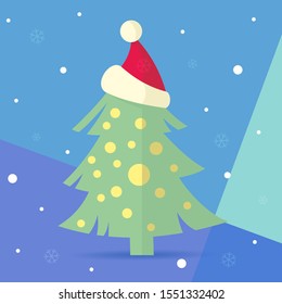 Green christmas tree with golden toys and santa claus in red hat. Vector  