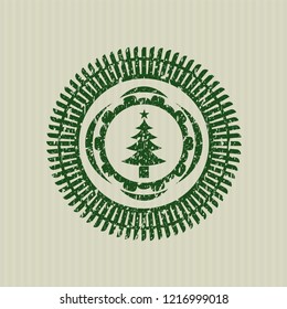 Green christmas tree icon inside distress rubber grunge seal