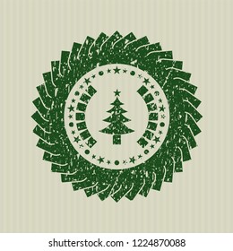 Green christmas tree icon inside rubber stamp