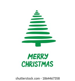 Green Christmas tree isolated on white background. Symbol of Happy New Year. Triangle spruse sketch. Merry Christmas holiday celebration. Abstract bright design hand drawn illustration.