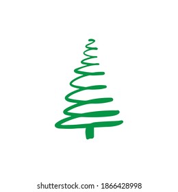Árbol verde de Navidad aislado en fondo blanco. Símbolo de feliz año nuevo. Esbozo de abeto espiral triangular. Feliz fiesta navideña. Resumen de diseño brillante ilustración a mano.