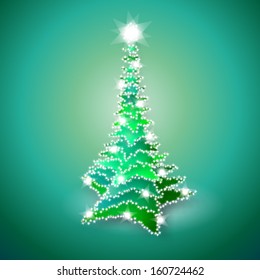 Green christmas tree with lights and green background - abstract vector illustration