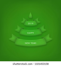 Green Christmas tree made of realistic ribbons with shadow on plain background. Vector card.