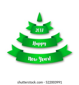 Green Christmas tree made of realistic ribbon with shadow on white background. Bright vector illustration.