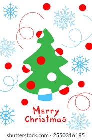 Green Christmas tree, nowflakes and confetti. Merry Christmas and Happy New Year greeting card and posters in Trendy Colors. Winter holiday vector illustration.