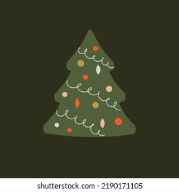 Green Christmas tree on doodle style on a black background. Vector illustration