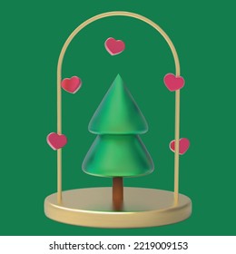 Green Christmas tree on gold round studio podium