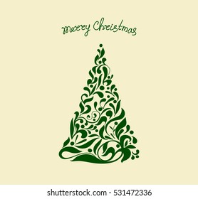 green Christmas tree on a light background. Greeting, invitation cute card. Simple decorative illustration for print, web