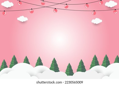 green christmas tree on pink paper art abstract background with sky and line design for Merry christmas, poster card, banners, gift card, christmas concept. Vector illustration. paper cut style.