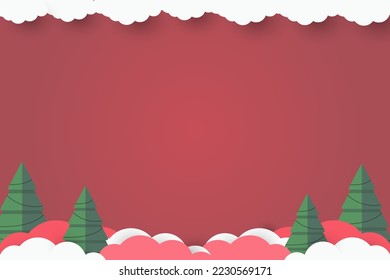 green christmas tree on pink paper art abstract background with sky and line design for Merry christmas, poster card, banners, gift card, christmas concept. Vector illustration. paper cut style.