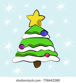 green Christmas tree on postcard with balls and snow