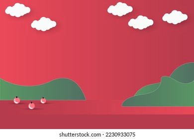 green christmas tree on red paper art abstract background with sky and line design for Merry christmas, poster card, banners, gift card, christmas concept. Vector illustration. paper cut style.
