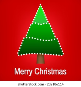 Green christmas tree on red background, bright style. A vector illustration.