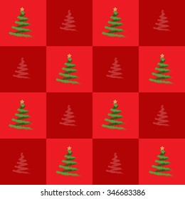 green Christmas tree on red background, seamless pattern