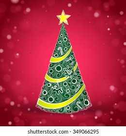 Árbol verde de Navidad en el fondo rojo parpadeante