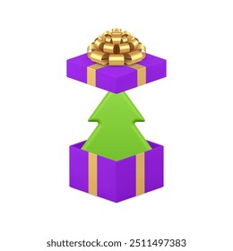 Green Christmas tree in open purple luxury gift box 3d icon realistic vector illustration. Winter holiday Xmas New Year surprise spruce minimalist bauble present package festive congratulations
