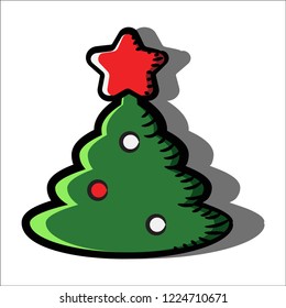 Green Christmas Tree. Painted Flat style icon with black outline. Symbol. Sign. Stock Vector Illustration. Transparent. White Isolated.