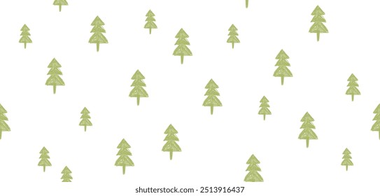 Green Christmas Tree Pattern. Abstract Winter Forest Seamless Vector Pattern. Cute Spruce Trees Isolated on a White Background. Infantile Style Xmas Print Ideal for Wrapping Paper. 