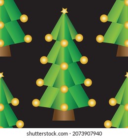 
Green Christmas tree pattern with golden balls and golden star on black background. Christmas pine pattern on black background